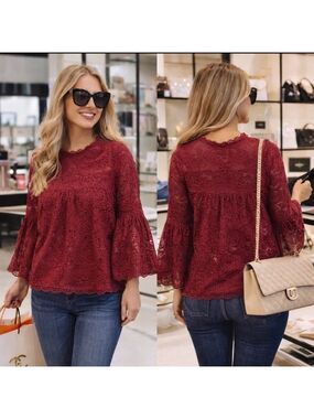 COCO + JAIMESON RED BURGANDY LACE BELL SLEEVE BLOUSE BOHO ROMANTIC TOP NWT SMALL
